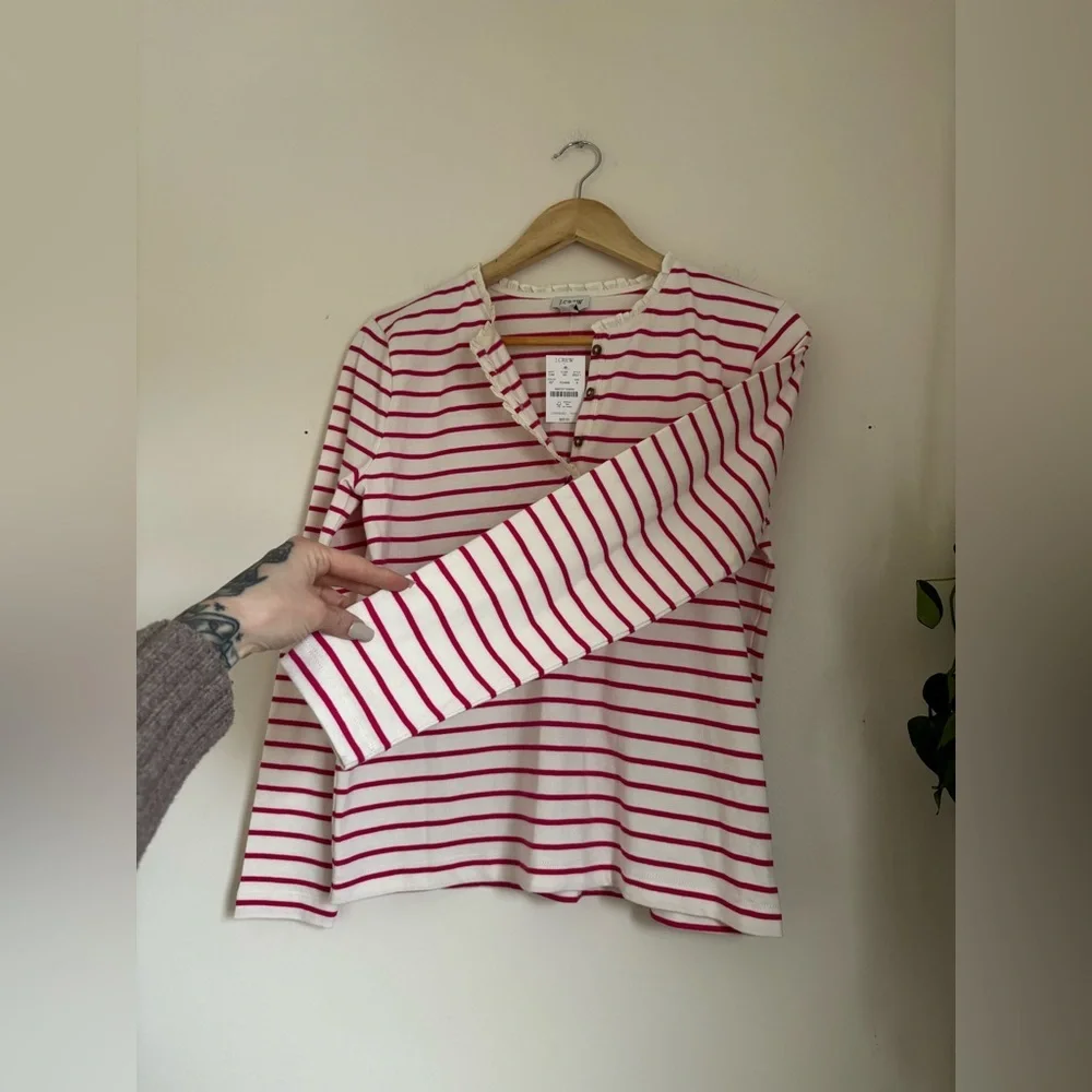 J Crew Striped Ruffle-Collar Henley